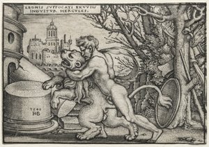 Herculesin työt: Herkules kuristaa Nemean leijonaa, 1548. tekijältä Hans Sebald Beham