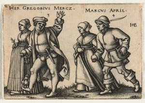 Talonpojan häät tai kaksitoista kuukautta: 3-Her Gregorius Mercz 4-Marcus April tekijältä Hans Sebald Beham