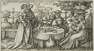 Tuhlaajapoika tuhlaamassa omaisuuttaan, levy kaksi julkaisusta The History of the Prodigal Son tekijältä Hans Sebald Beham