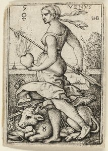 Venus, levy viisi teoksesta The Seven Planets with the Zodiacs (Seitsemän planeettaa ja eläinradat) tekijältä Hans Sebald Beham