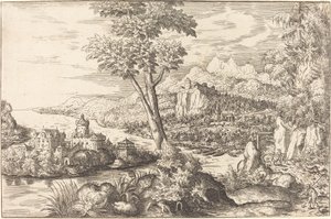 Maisema kolmen miehen kanssa, c. 15581559. tekijältä Hans Sebald Lautensack