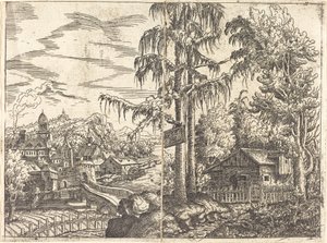 Maisema, josta on näkymät maanviljelijän mökille ja kaupunkiin lähellä jokea, 1551.