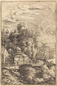 Maisema, jossa on linna ja säteilevä aurinko, 1553. tekijältä Hans Sebald Lautensack