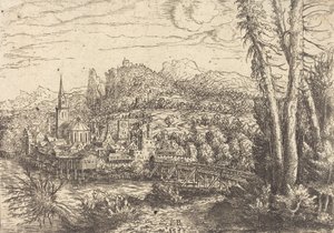 Näkymä kaupunkiin lähellä jokea, 1553. tekijältä Hans Sebald Lautensack