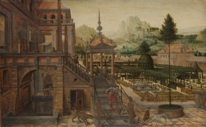 Palatsin puutarhat, jossa Lazarus etualalla tekijältä Hans Vredeman de Vries