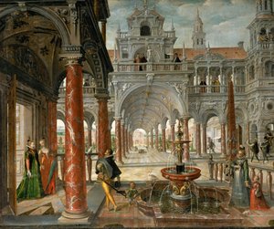 Palatsi arvostetuilla vierailijoilla - Palatsi arvostetuilla vierailijoilla - Hans Vredeman de Vries (Jan de Vriese tai Friedman of Friesland) (1526-1606). Öljy kankaalle, c. 1596. Koko: 137x164 cm. Taidehistoriallinen museo, Wien