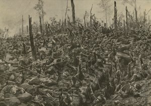 Saksan hyökkäys ranskalaisia hirsitaloja ja juoksuhautoja vastaan Bois-le-Pretressä 5. heinäkuuta 1915 tapahtuneen tykistöpommituksen jälkeen (litho) tekijältä Hans W. (after) Schmidt
