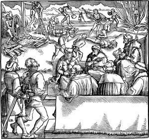 Oikeuden istunto. Kuvitus Petrarchin kirjasta Phisicke Against Fortune, 1532 tekijältä Hans Weiditz the Younger