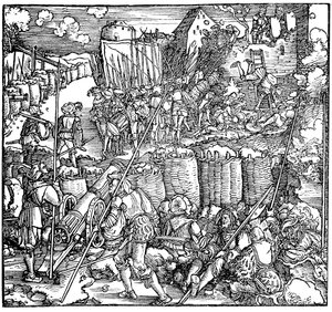 Linnoituksen piiritys. Kuvitus Petrarchin kirjasta Phisicke Against Fortune, 1532 tekijältä Hans Weiditz the Younger