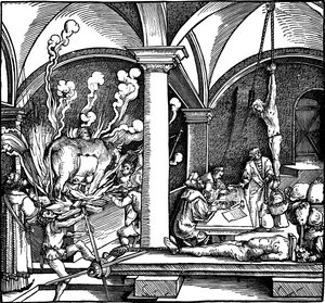 Kiduttaa. Kuvitus Petrarchin kirjasta Phisicke Against Fortune, 1532 tekijältä Hans Weiditz the Younger