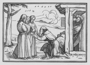Abraham viihdyttää kolmea enkeliä, Genesis XVIII, 2 tekijältä Hans after Holbein the Younger