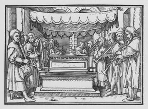 Daavid nimittää laulajien ja musiikin ryhmän ylistämään Herraa, 1 Chronicles XVI, 4 tekijältä Hans after Holbein the Younger