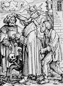 Kuolema ja valtuutettu, teoksesta The Dance of Death, kaiverrus Hans Lutzelburger, n. 1538 tekijältä Hans after Holbein the Younger