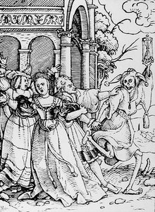 Kuolema ja hovimies, teoksesta The Dance of Death, kaiverrus Hans Lutzelburger, n. 1538 tekijältä Hans after Holbein the Younger