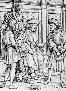 Kuolema ja tuomari, teoksesta The Dance of Death, kaiverrus Hans Lutzelburger, n. 1538 tekijältä Hans after Holbein the Younger