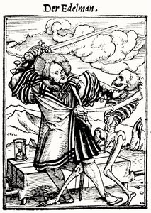 Kuolema ja aatelismies, teoksesta Kuoleman tanssi, kaiverrus Hans Lutzelburger, n. 1538 tekijältä Hans after Holbein the Younger