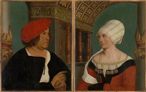 Baselin pormestarin Jacob Meyer zum Hasenin ja hänen vaimonsa Dorothea Kannengiesserin kaksoismuotokuva, 1516 (tempera kalkkipuulla)