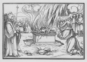 Elia rukoilee, siihen vastaa taivaan tuli, 1 Kuninkaat XVIII, 38 tekijältä Hans after Holbein the Younger