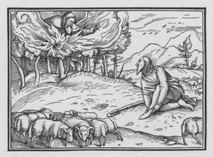Jumala ilmestyy Moosekselle palavassa pensaassa, Exodus III, 5 tekijältä Hans after Holbein the Younger