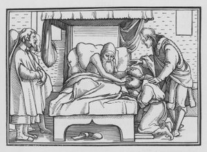 Jaakob siunasi Joosefin ja hänen kaksi poikaansa, Genesis XLVIII, 14 tekijältä Hans after Holbein the Younger