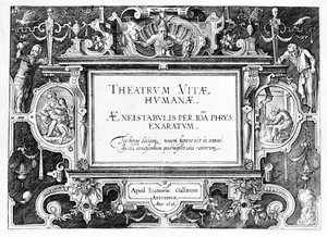 Johannes Wierixin (1549-c.1618) kaiverruksen "Theatrum Vitae Humanae" nimiölehti, joka painettiin uudelleen vuonna 1638.