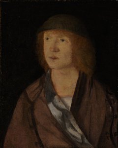 Nuoren miehen muotokuva, käänteinen tyttö tekemässä seppelettä, n. 1508.
