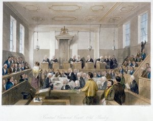 Keskusrikostuomioistuimessa Old Baileyssä, oikeuden istunnossa, Lontoon City, 1840