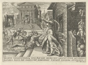 Rahab päästää vakoojia paeta ikkunan läpi The History of Joshua (sarjan nimi) tekijältä Harmen Jansz Muller