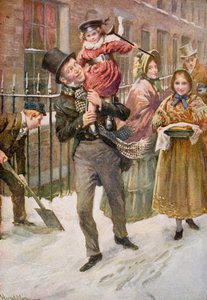 Bob Cratchit ja Tiny Tim, kuvitus Dickensin hahmoluonnoksista, jonka on koonnut B.W. Matz tekijältä Harold Copping