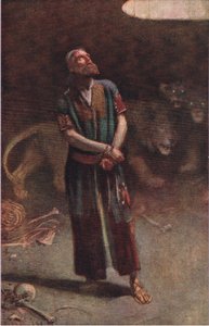 Daniel leijonien luolassa, kuvitus sarjasta Pictures That Teach The Crown Series , 1920. tekijältä Harold Copping