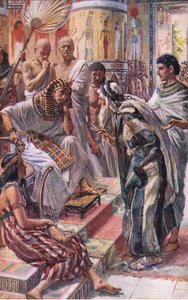 Jaakob faraon edessä, kuvitus kuvista, jotka opettavat kruunusarjan, 1920 tekijältä Harold Copping