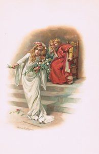 Ophelia kuninkaan ja kuningattaren kanssa, kuvitus Hamletista tekijältä Harold Copping