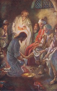 Opetuslasten jalkojen pesu, kuvitus Harold Copping Picturesista: The Crown Series, noin 1920-luku tekijältä Harold Copping