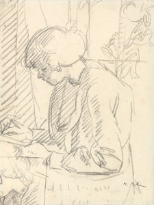 Tyttö kirjoittaa (musta liitu paperille) tekijältä Harold Gilman