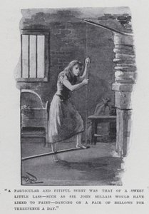 "Erityinen ja säälittävä näky oli suloinen pikkutyttö, jollaista Sir John Millais olisi halunnut maalata, tanssimassa palkeella kolmella pennillä päivässä" (m/v kuva) tekijältä Harold Hume Piffard