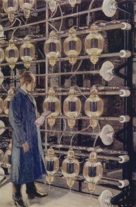 Termioniset venttiilit Marconin langattomassa lennätinasemassa Cefn Dussa, lähellä Caernarfonia, Walesissa (väri litho)
