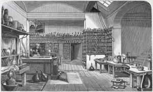 Michael Faraday (1791-1867) kellarilaboratoriossaan Henry Bence Jonesin teoksesta The Life and Letters of Faraday, julkaistu 1870, 1869
