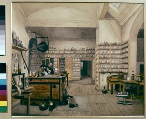 Michael Faraday työskentelee laboratoriossaan Royal Institute -instituutissa.