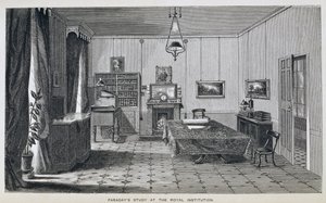 Michael Faradayn työhuone The Royal Institutionin toisessa kerroksessa, Henry Bence Jonesin teoksesta The Life and Letters of Faraday, julkaistu 1870, 1869 (katso 137594)
