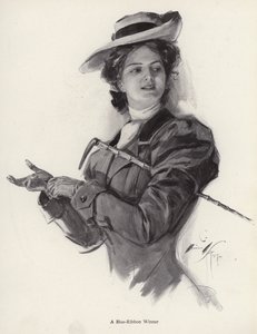 Sinisen nauhan voittaja hevosnainen (litho) tekijältä Harrison Fisher
