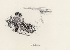 Pariskunta romanttisessa syleilyssä golfkentän bunkerissa (litho) tekijältä Harrison Fisher