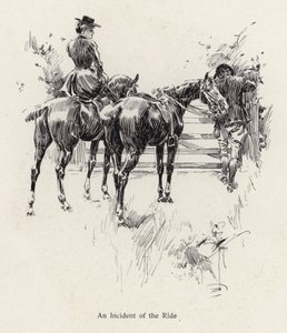 Ratsastajat pysähtyvät avaamaan porttia (litho) tekijältä Harrison Fisher