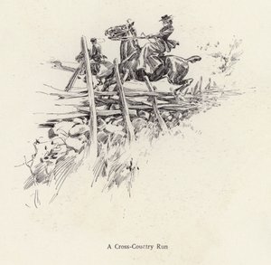 Mies ja nainen hevosen selässä maastojuoksussa (litho) tekijältä Harrison Fisher