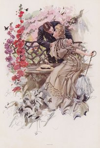Mies suutelee naista puutarhassa (väri litho)