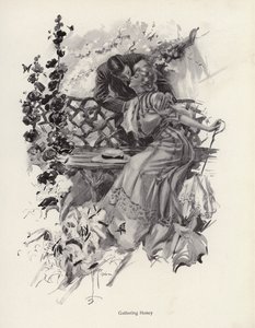 Mies suutelee naista puutarhassa (litho)