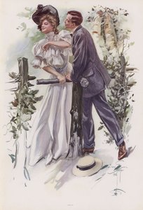 Mies yrittää varastaa suudelman nuorelta naiselta (väri litho)