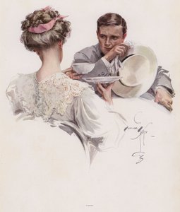 Mies odottaa naisen uskovan hänelle salaisuuden (väri litho)