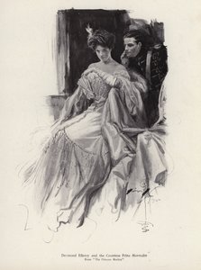 Kaksi hahmoa, Desmond Ellery ja kreivitär Frina Mavrodin Percy Brebnerin (litho) romaanista Prinsessa Moritza tekijältä Harrison Fisher