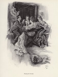 Kaksi pariskuntaa pelaamassa korttia iltajuhlissa (litho) tekijältä Harrison Fisher