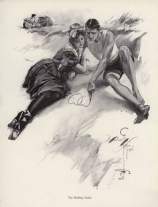 Kaksi rakastajaa piirtämään sydämiä hiekkaan rannalla (litho) tekijältä Harrison Fisher